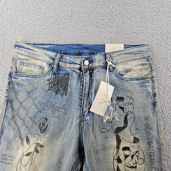 mnml X182 Stretch Denim Jeans Mens 36 Blue Los Angeles Graphic Distressed Slim - Picture 2 of 16